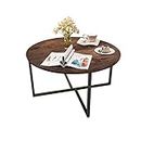 31.5" Round Living Room Coffee Table with X Base Metal Frame, Accent Furniture for Home Office, Black+Brown