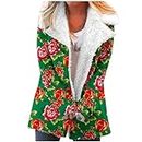 lcziwo Women's Floral Print Plush Wool Jacket Winter Leisure Warm Long Sleeve V-Neck Button Snow Coat with Pocket, Green, XX-Large