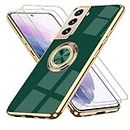 ZOEVEES for Samsung Galaxy S21 5G Case, with 2 Screen Protector, Built-in 360° Ring Holder Magnetic Stand, Luxury Electroplated Plating Edge Shockproof Protective Phone Cover, Green