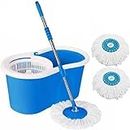360° Spin with Wheels Bucket, Adjustable Mop Rod Stick with 3 Microfiber Soft Refill Pocha for Floor Cleaning Mopping Set-(1Bucket+1 Rod+3 Refill, Color-Blue)