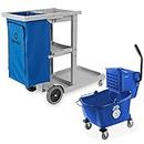 Dryser Commercial Janitorial Cleaning Cart on Wheels with Shelves and Vinyl Bag & Commercial Mop Bucket with Side Press Wringer, 26 Qt. Blue