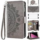 Asuwish Phone Case for Samsung Galaxy S7 Edge Wallet Flip Cover with Tempered Glass Screen Protector and Mandala Flower Card Holder Stand Cell Accessories S7edge S 7 GS7 7s 7edge Women Girls Gray