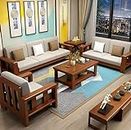 K L FURNITURE Wooden Sofa Set For Living Room 6 Seater Sofa|3+2+1 Sofa Set Wooden|Six Seater Sofa Sets Solid Sheesham Wood|Cream Cushion, Teak Finish