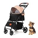 SKISOPGO Pet Dog Stroller for Small Dogs Cats, No-Zipper Entry, Easy Folding Cat Dog Strollers with Storage Basket, Cup Holder, Pet Carrier for Travel (Black & Khaki)