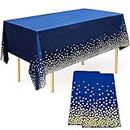 Graduation Navy Blue Gold Dots Tablecloths 2 Pcs, Plastic Disposable Blue Confetti Table Cover, Waterproof Tablecloth for Graduation Birthday Wedding 54 x 108inches