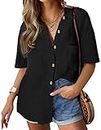 HOTOUCH Womens Cotton Blouse Button Down Shirts Casual Short Sleeve Formal Work Blouse Tops Drop Shoulder Blouses with Pockets Black M