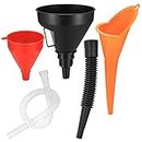 3 Pcs Right Angle Flexible Plastic Funnel Set, Universal Car Gasoline Fuel Petrol Engine Funnel with Detachable Spout and Long Mouth Funnels for Motorcycle Car Automotive - Red/Orange/Black