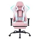 Gaming Chair with Massager Lumbar Support and Retractible Footrest, High Back Ergonomic Racing Style Computer Leather Executive Office Swivel Chairs Adjustable Armrests and Backrest (Pink)