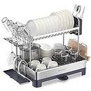 SONGMICS Dish Drying Rack - 2 Tier Dish Rack for Kitchen Counter with Rotatable and Extendable Drain Spout, Dish Drainer with Utensil, Cup, Glass, Cutting Board Holders, Silve and Gray UKCS032E01