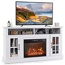 Tangkula Fireplace TV Stand for TVs Up to 65 Inch, Electric Fireplace TV Console w/Remote Control, Overheat Protection, 3-Level Adjustable Brightness, TV Entertainment Center w/23” Fireplace (White)