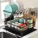 Qienrrae Dish Rack and Drainboard Set, 2 Tier Dish Drying Rack for Kitchen Counter, Stainless Steel Dish Drainer with Utensils Holder, Large Dish Strainers with Extra Drying Mat, Black