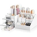 Makeup Desk Cosmetic Storage Box Organizer with Drawers for Dressing Table, Vanity Countertop, Bathroom Counter, Elegant Vanity Holder for Brushes, Lotions, Lipstick and Nail Polish (White-Clear)