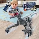 Peeokuo Remote Control Dinosaur for Kids,2.4G Electronic RC Toys Velociraptor with 3D Eye Shaking Head and Tail & Roaring Sounds, Indoor Robot DinoToys for 3-5 5-7 8-12-Year-Old Gifts