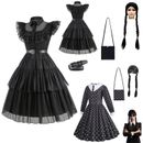 Adams' Cos Kleid Damen Schwarz Kleid Set MittwochAddams Halloween Kostüm