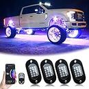 YiLaie RGB LED Rock Lights 4 Pods APP Remote Timing Music Sync Color Changing Neon Lighting Kit Waterproof Exterior Underglow Light for Jeep Under Car Truck ATV RZR UTV SUV Off Road AUTO Motorcycle
