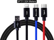 Multi Universal 3 in 1 5FT Charging Cable Type-C Micro-USB 8 Pin for Cell Phones