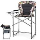 TANGZON Folding Directors Chair, Oversized Camping Chair for Adults with Side Table, Padded Armrests & Detachable Footrest, Portable Camo Hunting Blind Chair for Fishing, 150KG Weight Capacity