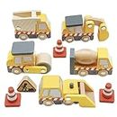 Le Toy Van - Cars & Construction Wooden Construction Vehicles Pretend Play Play Set with Lifting Crane, Scoop, Roller, Digger, Tip-up Truck and Cones Builder Toy, Pretend Play Toy Suitable For Age 3+