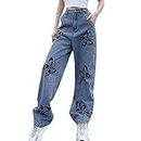 Baggy Jeans for Women Butterfly Print Wide Leg High Waist Denim Pants Fashion Funny Streetwear Jeans, Black&blue, Large