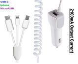 3 in 1 2100mA USB Super Fast Car Charger With Cables For iPhone USB C Micro USB