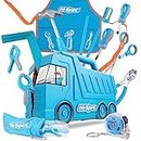 Hi-Spec 17 Piece Kids Tool Kit with Blue Truck Tool Box, Kids Apron with Pockets, Level, REAL Small Size Hand Tools, Safety Scissors DIY Construction Educational Childrens Tool Set. Gift for Boys