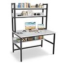 Aquzee Computer Desk with Hutch and Bookshelf, 55 Inches White Home Office Desk with Space Saving Design, Metal Legs Table Desk with Upper Storage Shelves for Study Writing/Workstation, Easy Assemble