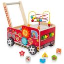 Wooden Baby Walker with Bead Maze for 1 Year Old and up, Wooden Push Toy for 12 Month, Wooden Cart with Blocks