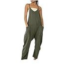Women's Cute Sleeveless Jumpsuits Casual Adjustable Spaghetti Straps Overalls Long Harem Pants Romper with Pockets A1-Green X-Large
