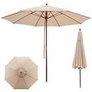 HAPPYGRILL 9.5 FT Patio Wooden Umbrella with Rope Pulley Lift, 8 Fiberglass Ribs, 3 Adjustable Heights, Vented Roof, Outdoor Umbrella for Garden Poolside Backyard