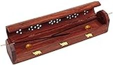 raajsee Beautiful Handmade Wooden Brown Incense Stick Holder Burner Storage Coffin Box - Ash Catcher with Brass Inlay -Home Utilities & Accessories -Meditation -Great Gift for Any Occasion 12x2 inch