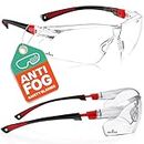 NoCry Safety Glasses with Clear Anti Fog Scratch Resistant Wrap-Around Lenses and Non-Slip Grips, UV Protection. Adjustable, Black & Red Frames