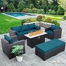 Outdoor Patio Furniture 60000 BTU Outdoor Propane Fire Pit Table Patio Furniture Set 45" Outdoor Fire Pits 6 Pieces Patio Sofa Outdoor Chairs Anti-Slip Cushions Waterproof Covers, Peacock Blue