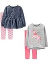 Simple Joys by Carter's Mädchen 4-Piece Long-Sleeve Shirts and Pants Playwear Set Hosenset, Grau Einhorn/Hellrosa/Jeans/Rosa, 5 Jahre