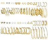 36 Pairs Gold Earrings Set for Women Girls, Fashion Pearl Chain Link Stud Drop Dangle Earrings Multipack Statement Earring Packs, Hypoallergenic Earrings for Birthday Party Christmas Jewelry Gift