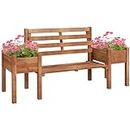 Outsunny 2-Seater Garden Bench with Planter Boxes, Wood Outdoor Bench with Slat Seat and Back, Patio Loveseat for Backyard, Lawn, Dark Brown