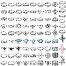 CASSIECA 82 Pcs Vintage Silver Knuckle Rings Set for Women Teen Girls Bohemian Stackable Joint Finger Rings Retro Stone Crystal Stacking Midi Rings Pack