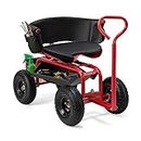 Goplus Garden Cart, Outdoor Rolling Garden Scooter W/Adjustable 360 Degree Swivel Seat, Tool Tray & Storage Basket, Extendable Handle, Yard Gardening Work Seat with Wheels, Red