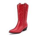 DREAM PAIRS Women's Cowboy Boots Pull On Cowgirl Boots Mid Calf Western Boots, Red, 8