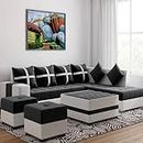 Star Furniture L Shape Living Room Sofa Set for Bedroom Hotel Office 7 Seater with Coffee Table & 2 Puffy Cream and Blue Color Velvet Cushion (Black) (Black)