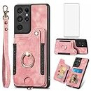 Phone Case for Samsung Galaxy S21 Ultra 5G Wallet Cover with Screen Protector and Wrist Strap Lanyard RFID Credit Card Holder Ring Stand Cell Accessories S21ultra 21S S 21 21ultra G5 Women Men Pink