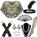 Exojoy 10Pcs 1920s Flapper Accessories for Women, Roaring 20s Great Gatsby Accessories Set with Shawls Headband Headpiece Finger-less Gloves Pearl Necklace Earrings Lace Fan for Girls Party