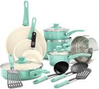 GreenLife 16 Pc Ceramic Cookware Set Healthy Green Frypans Turquoise Green