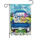 Welcome Spring Garden Flag 12x18 Double Sided, Burlap Small Vertical Spring Truck Floral Garden Yard House Flags with Flower Dog Outside Outdoor House Decoration (ONLY FLAG)