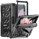 FONREST Rugged Case Armor for Samsung-Galaxy-Z-Fold-3 w/Built-in [Kickstand] [S Pen Holder] [Screen Protector] [Hinge Protection], Heavy Duty Shockproof Protective Cover NOT FIT Z Fold 4/2 (Black)
