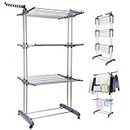 Voilamart Clothes Airer 3 Tier Foldable Laundry Drying Clothes Rack Outdoor Indoor Heavy Duty Clothing Horse Garment Dryer Stand on Wheel, Grey