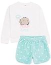 Pusheen Girls Pyjama Set | White & Blue Loungewear T-Shirt & Pants PJ Bundle for Kids | Cat Nap Time Long Sleeve Tee with Warm Cosy Fluffy Fleece Shorts | Merchandise Gift for Children