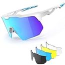 HAAYOT Polarized Cycling Glasses,Sports Sunglasses for Men Women,Baseball Biking Running Fishing Sunglasses with 5 Interchangeable Lenses White Blue