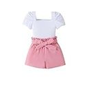 Little Girl Summer Outfits Square Neck Puff Sleeve Shirt Paperbag Waist Shorts Set Kids 2Pcs Clothes(4-5T,White Shirt+Pink Shorts)