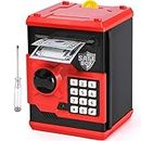 ATM Piggy Bank for Boys Girls, Vcertcpl Mini ATM Coin Bank Money Saving Box with Password, Kids Safe Money Jar for Adults with Auto Grab Bill Slot, Great Gift Toy Bank for Kids (Red+Black)