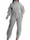 KANSOON Jogging Suits for Women 2 Piece Set Cable Knitted Tassel Puff Sleeve Sweaters Bodycon Pant Outfits Gray S